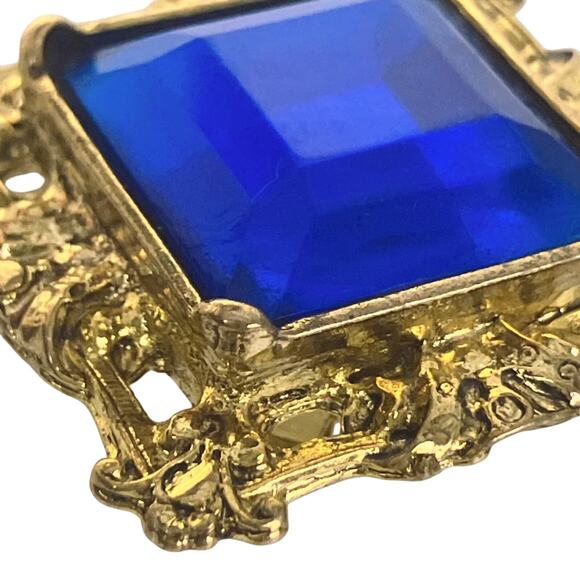 Vintage Cobalt Blue Glass Baroque Gold Tone Clip Earrings 60s 70s Statement - Picture 3 of 14